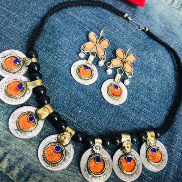 Afghan Tribal Vintage Coins Jewelry Set, Necklace With Earrings, Glass Stones - Picture 2 of 2